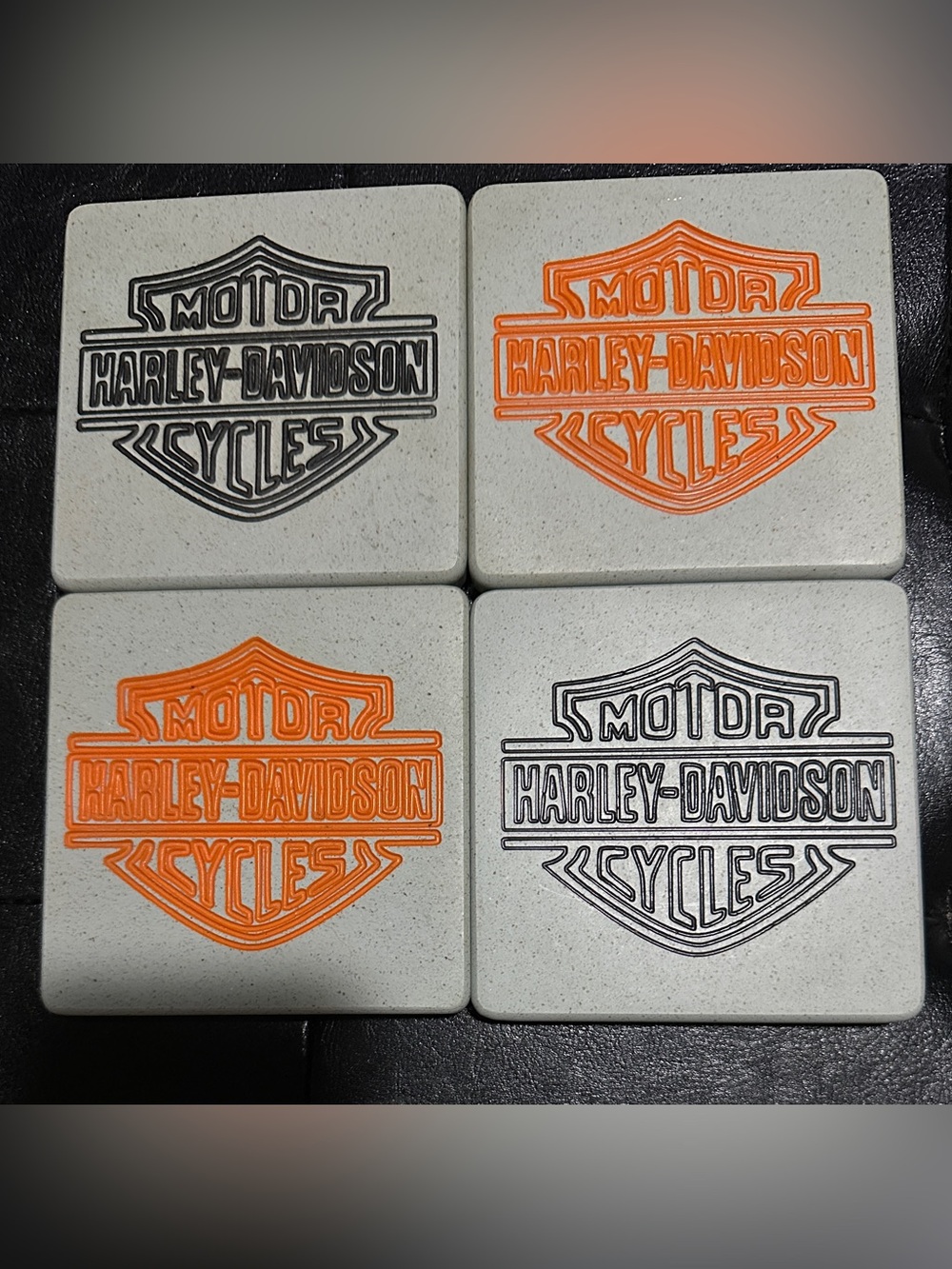 Harley-Davidson White & Brown Square Coasters Set DuPont Corian